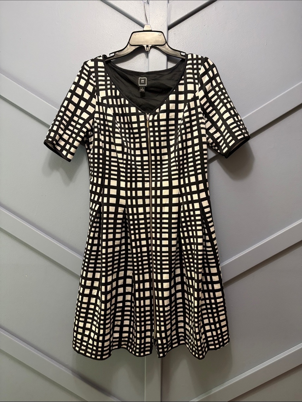 Avenue Black and White Grid A-Line Mini Dress